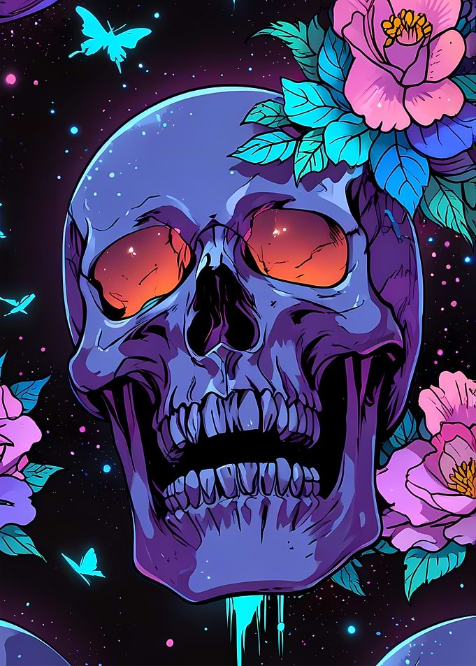 Skull with Flowers and Stars