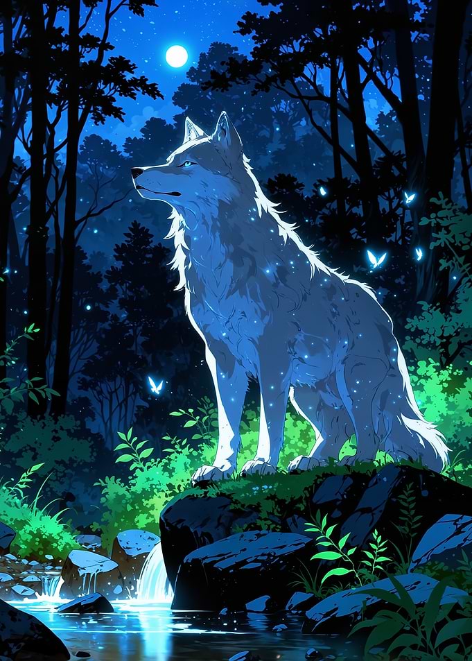 White Wolf in Moonlight Forest