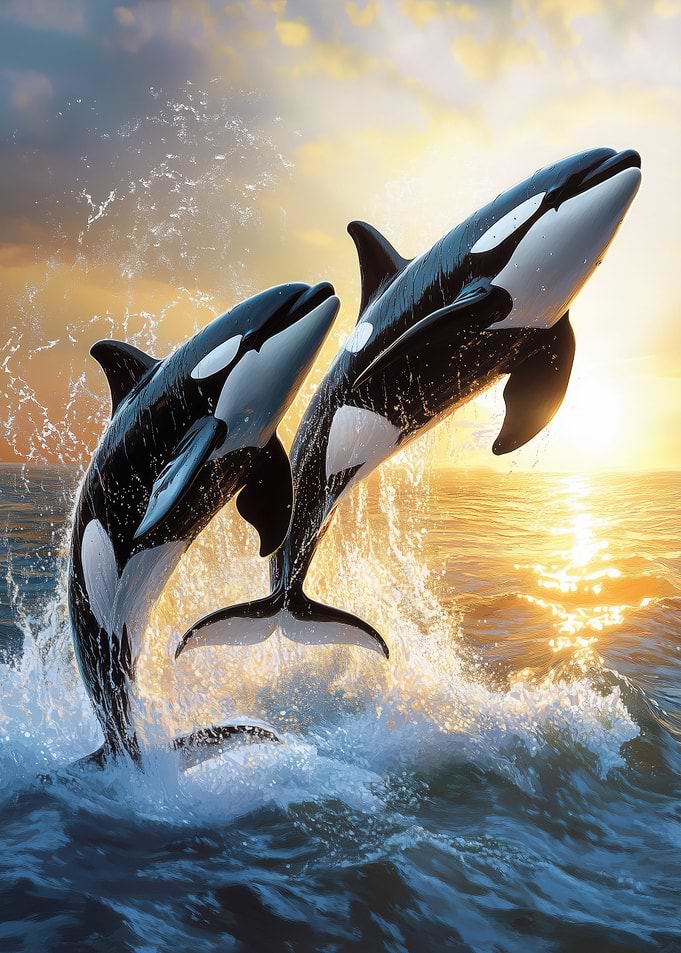 Orcas Leaping at Sunset
