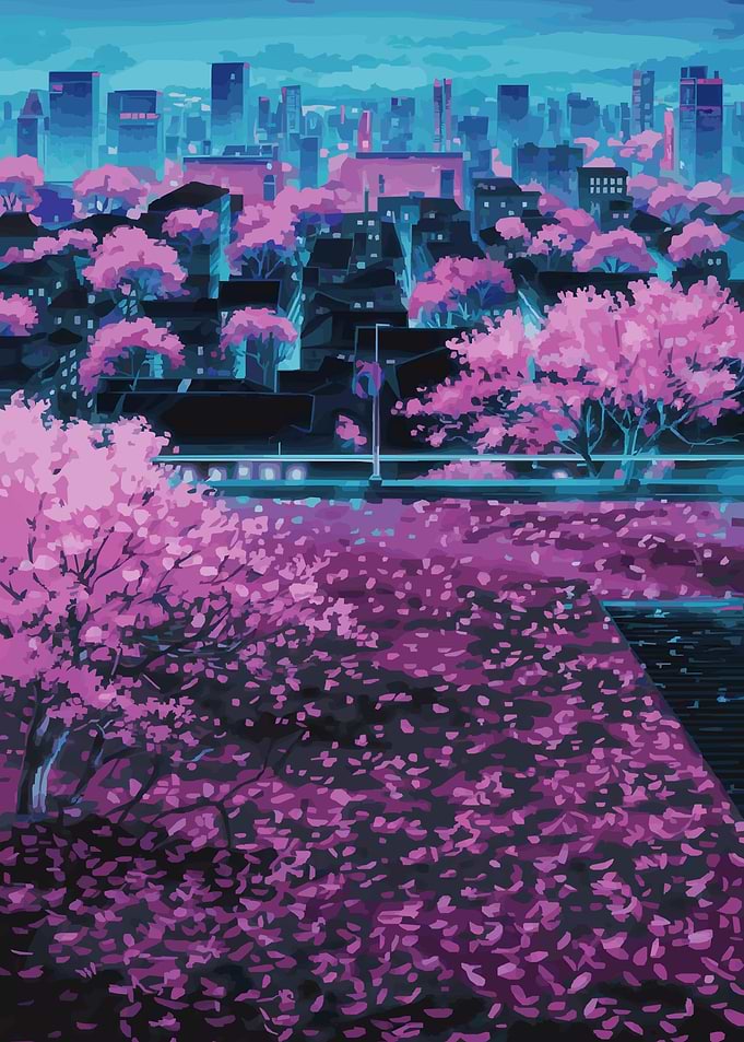 Neon Cityscape with Cherry Blossoms Pink Sakura Trees Japanese Art