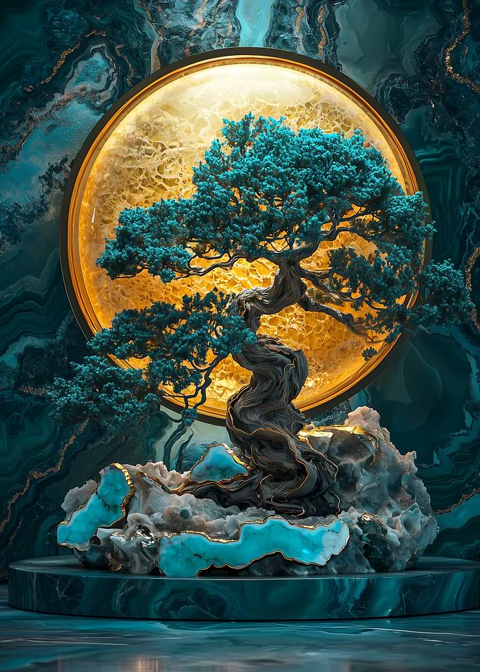 Bonsai Tree with Golden Moon