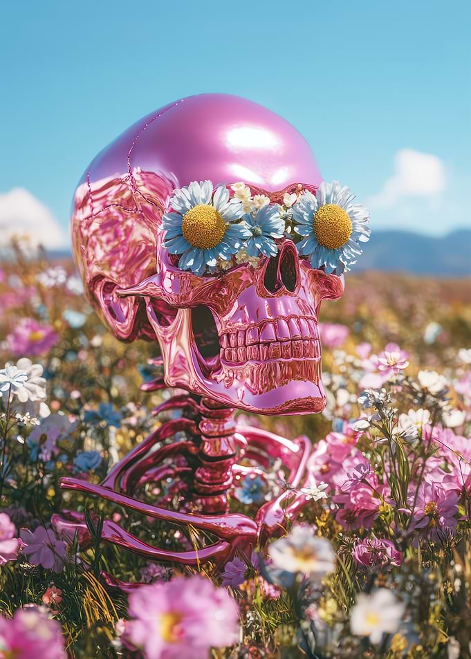 Pink Skull in Flower Field