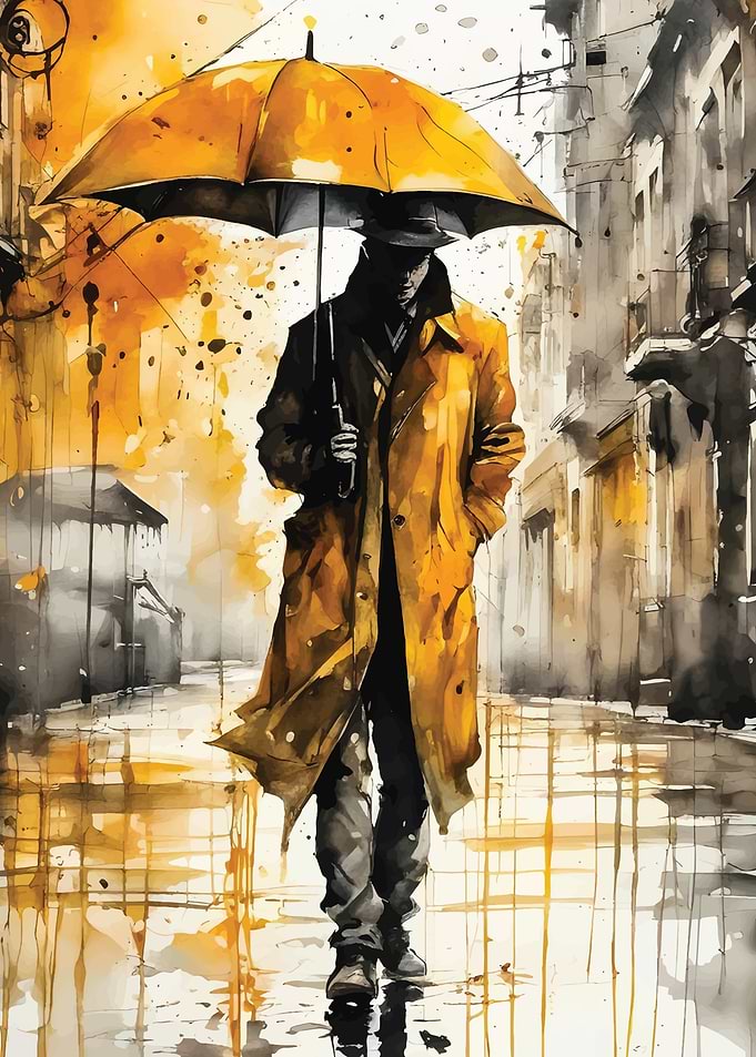 Man in Yellow Coat Walking in Rain
