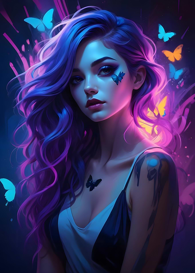 Purple Hair Girl with Butterflies