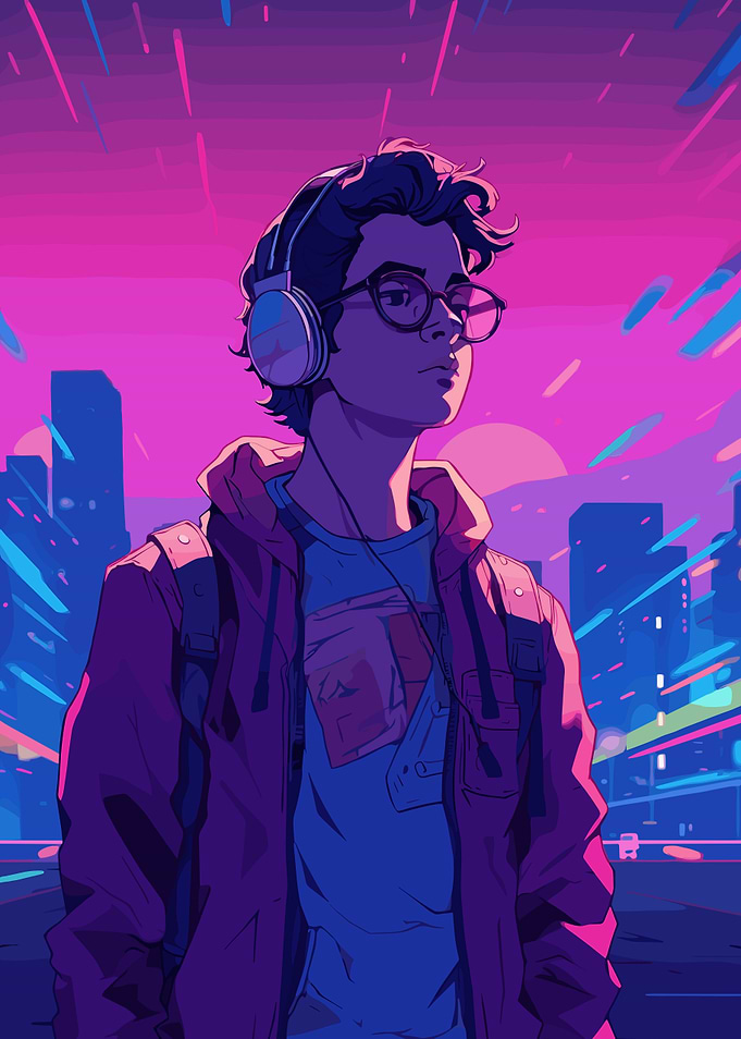 Cyberpunk Cityscape with Headphones