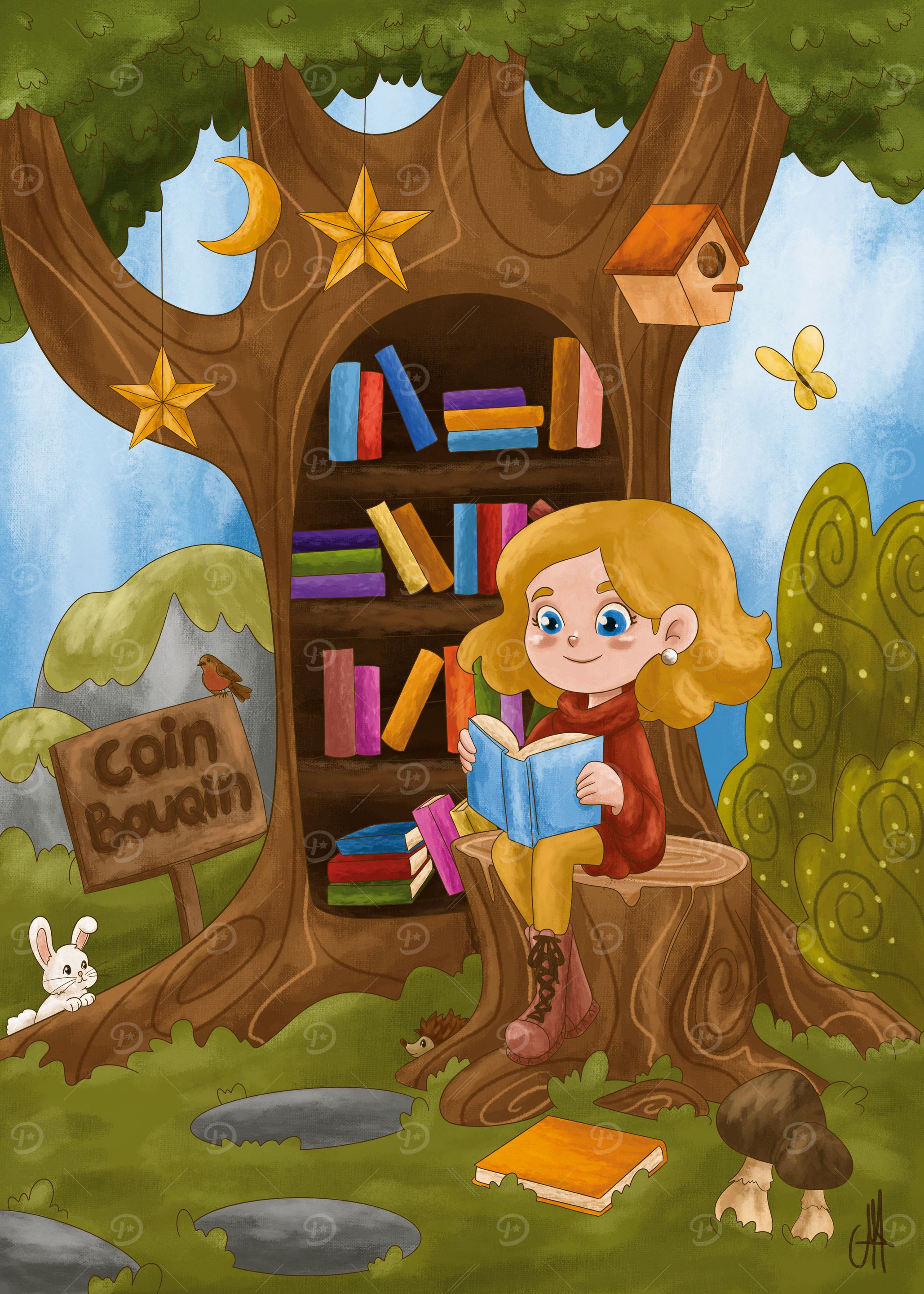 Girl Reading in Tree Library