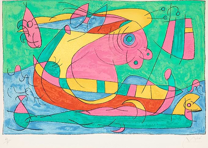 Le Voyage De Retour by joan miro Abstract Art with Pink Figure