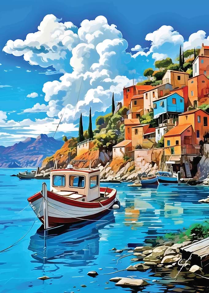 Coastal Village with Boat