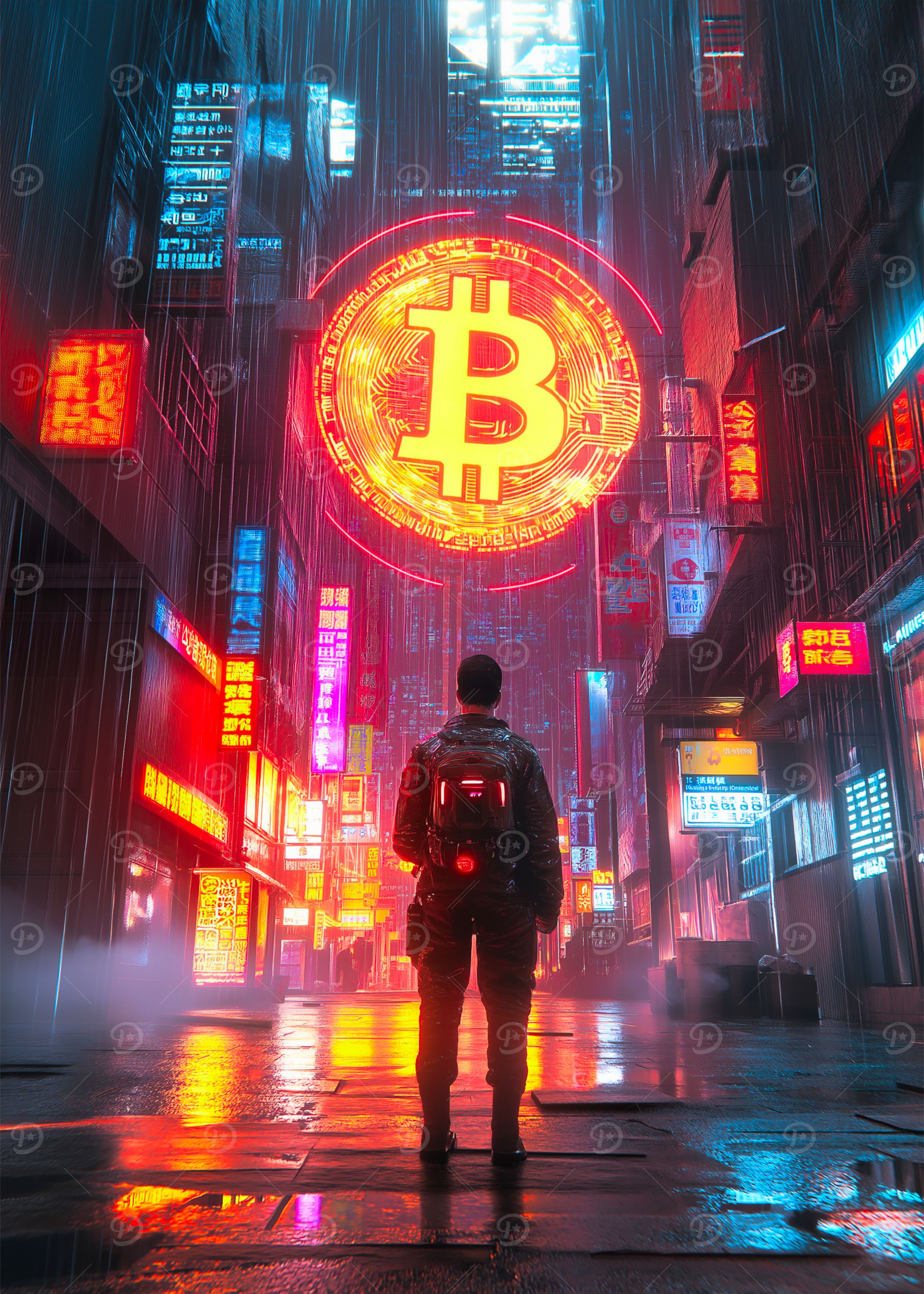 Bitcoin Neon Sign Cityscape