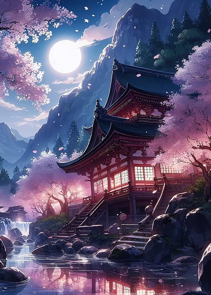 Japanese Temple at Moonlight with Cherry blossom