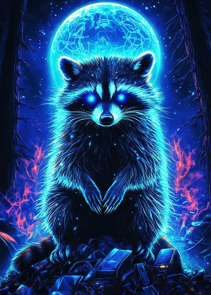Neon Raccoon Under Moon