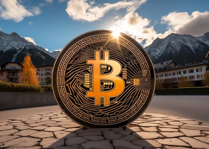 Bitcoin Symbol in Mountain Landscape