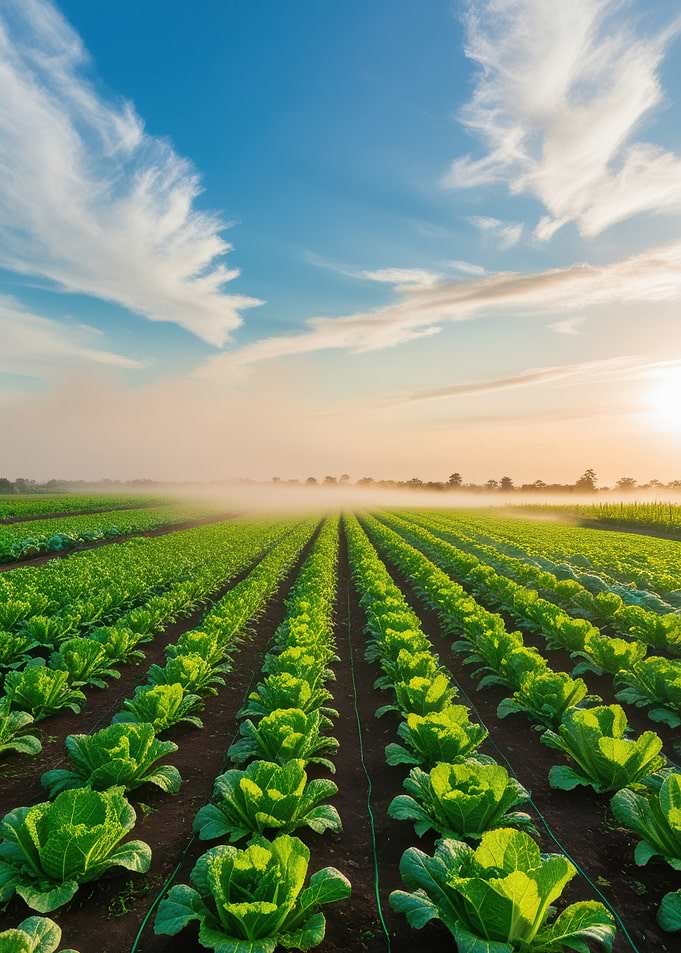 Green Cabbage Field at Dawn