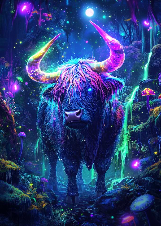 Neon Highland Cow in Forest