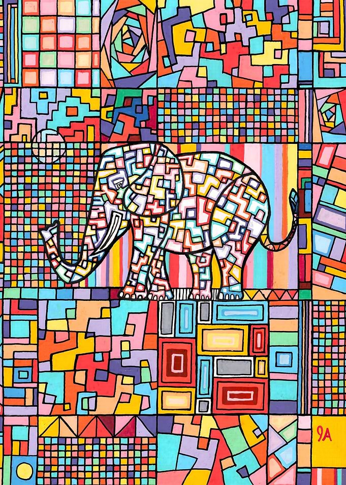 Geometric Abstract Mosaic Cubism Elephant Art