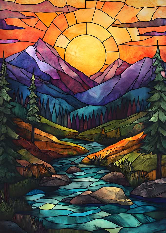 Stained Glass Mountain Sunset