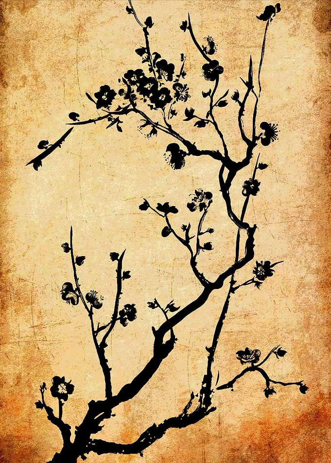 Black Ink Cherry Blossom Branch