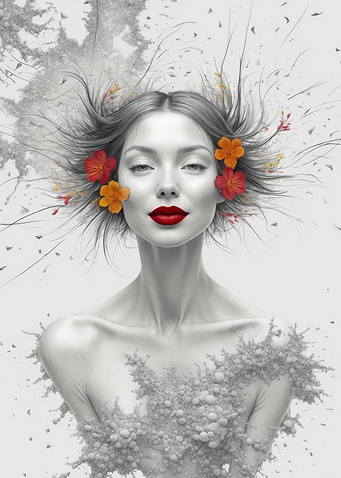 Woman with Flowers in Hair semi pencile color