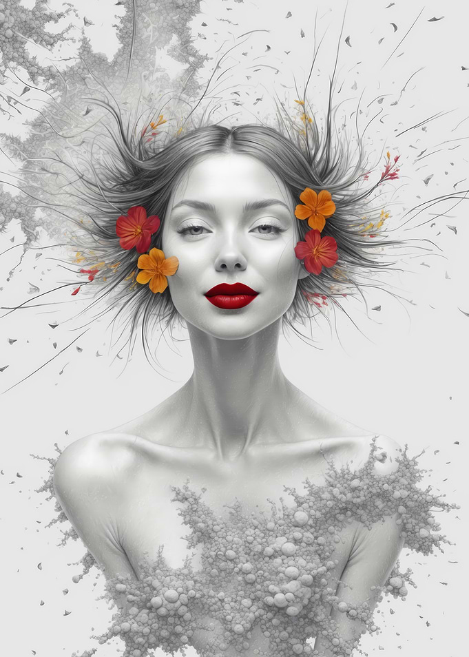 Woman with Flowers in Hair semi pencile color