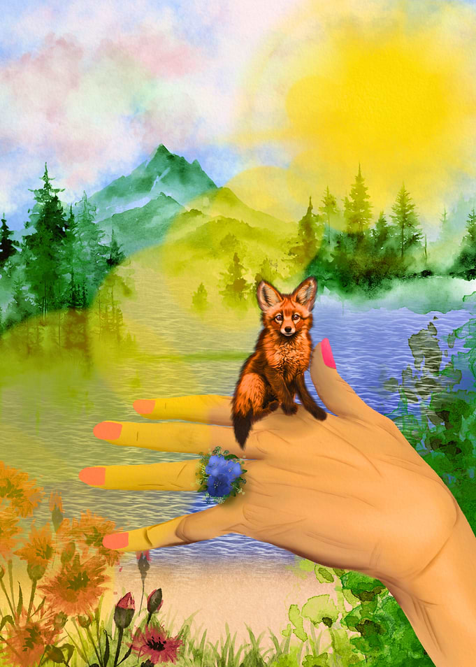 Fox on Hand with Nature Scene