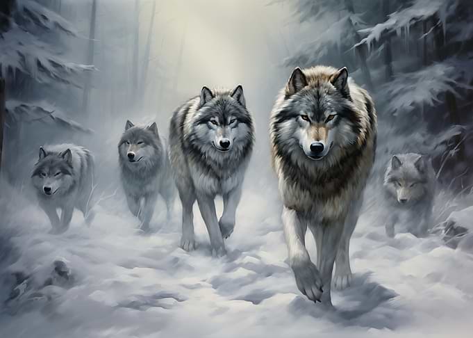 Wolf Pack in Snowy Forest