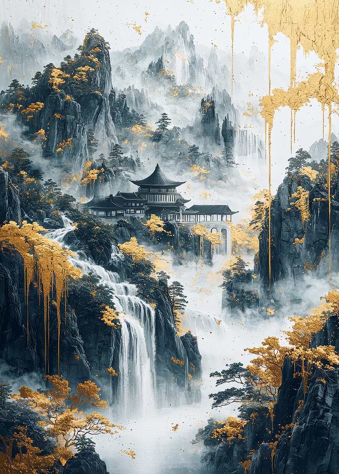 Golden Waterfall Landscape