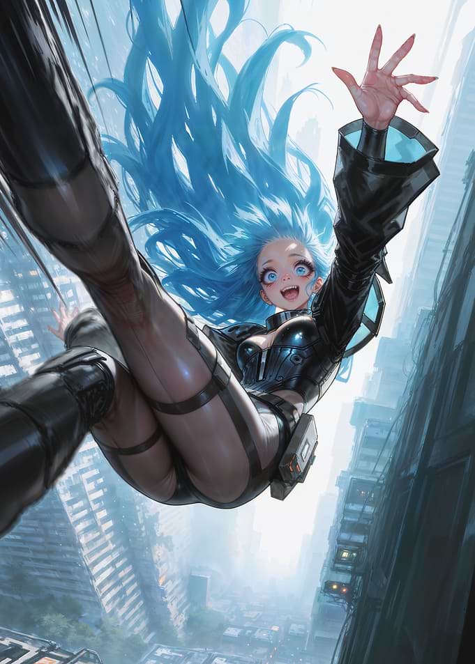Anime Girl Falling Cityscape