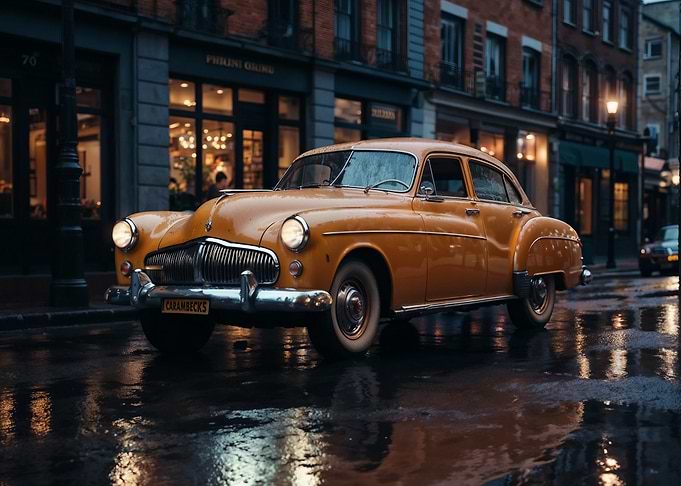 Vintage Car in City Rain