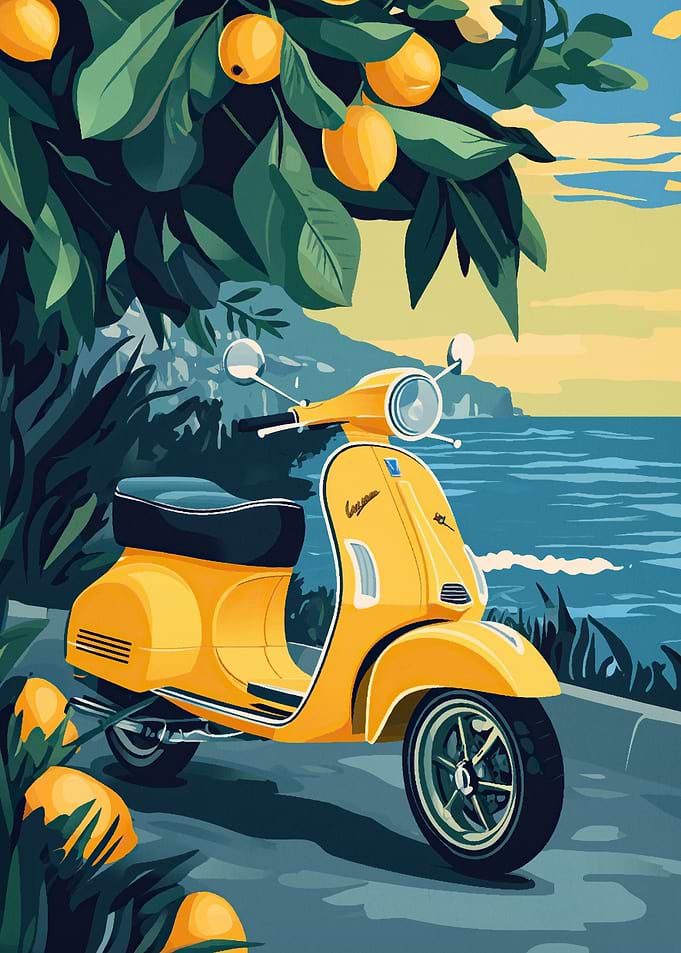 Yellow Vespa by the Sea