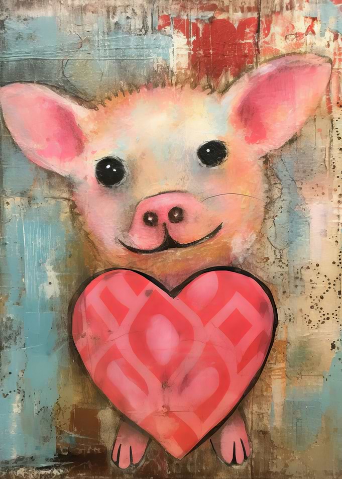 Valentine Piglet with Cute Heart Mixed Media