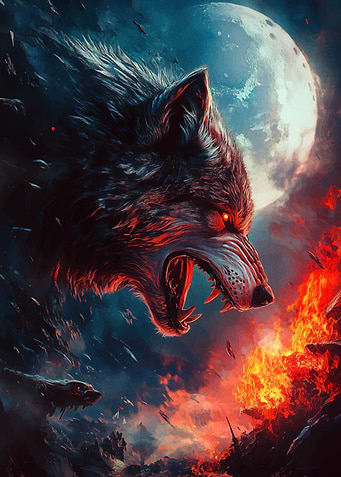 Fiery Wolf Under Full Moon