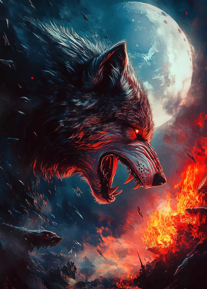 Fiery Wolf Under Full Moon
