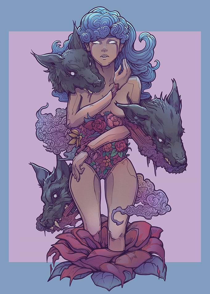 Woman being Devoured by her Inner demons in the form of Wolves