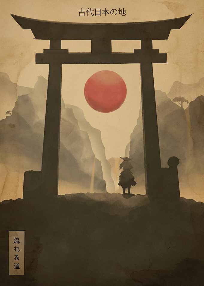 Japanese Samurai Landscape with Torii Gate