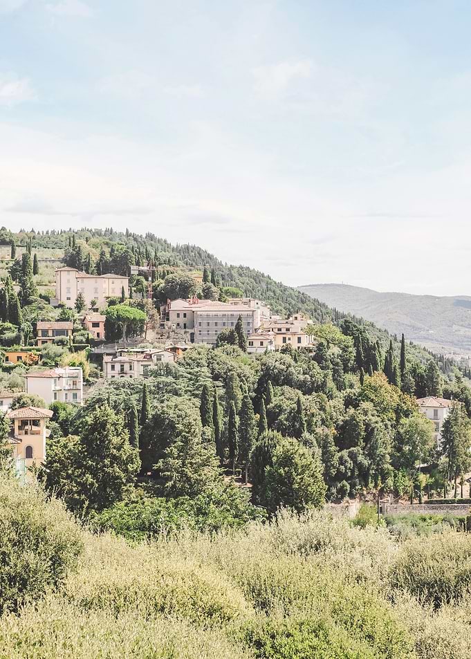 Florence, Italy I Tuscan landscape at Fiesole with mountains and cypresses, as near Milan or Rome in greenery nature with retro vintage pastel summer aesthetic of italian countryside old villages