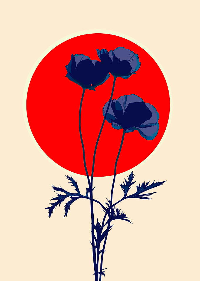 Red Sun and Blue Flowers