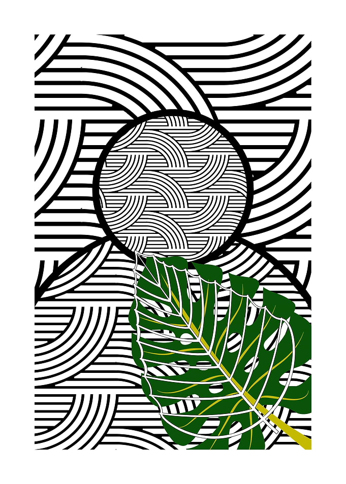 Black and White Geometric Pattern with Leaf