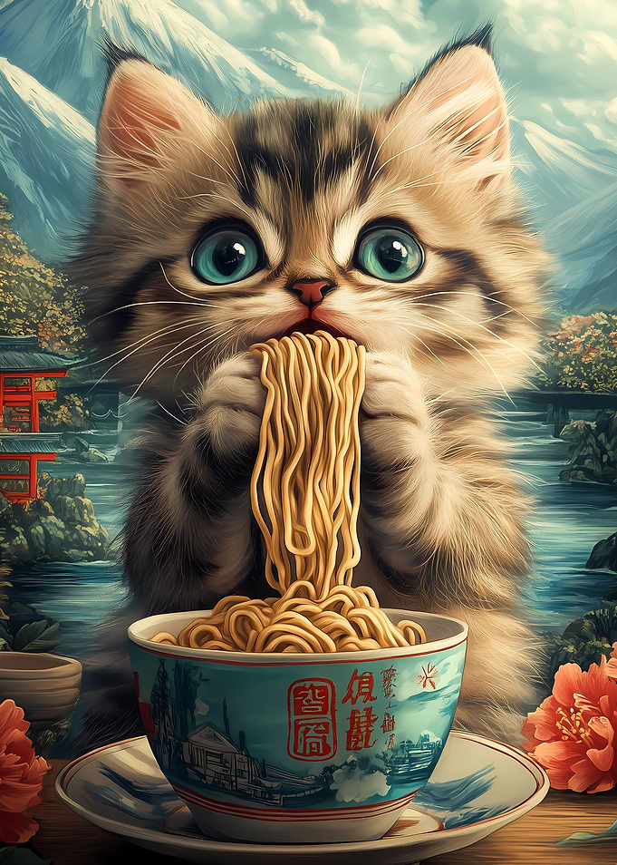 Cute Cat Eating Ramen Noodles