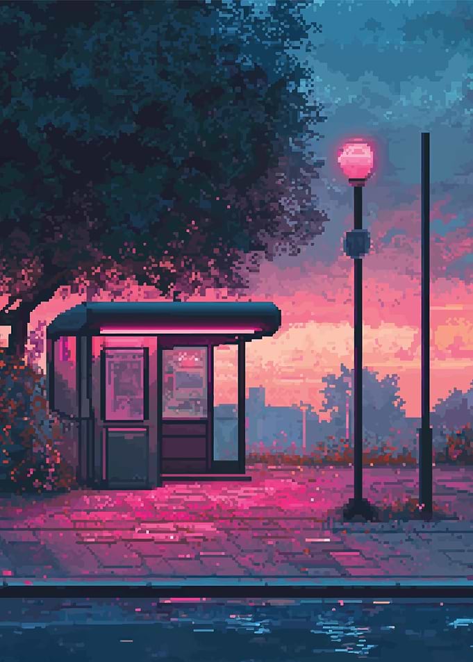 Pixel Art Bus Stop at Sunset