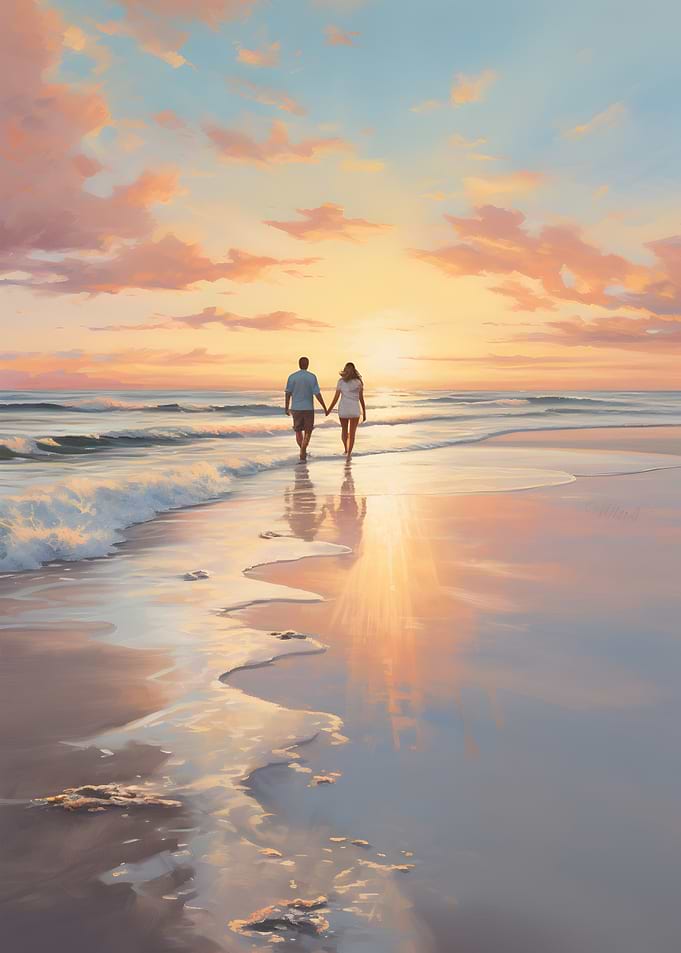 Couple Walking Sunset Beach