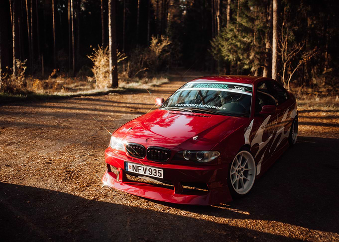 Red BMW E46 Coupe in Forest