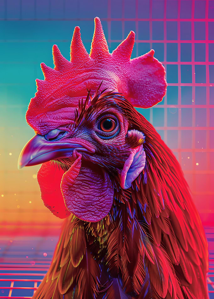 Neon Retro Pink Rooster Chicken Portrait