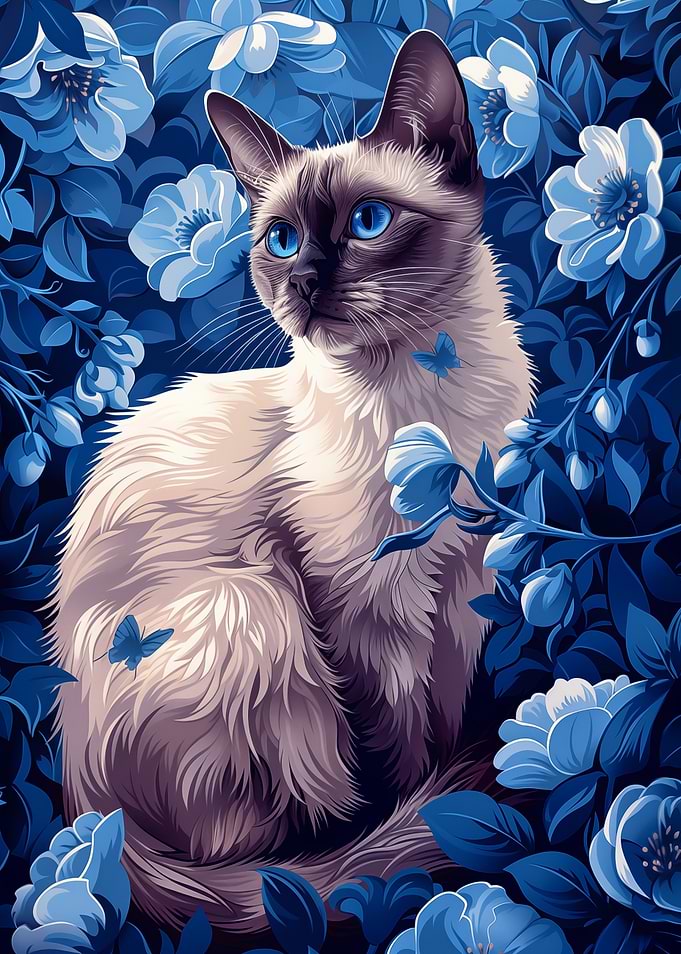 Siamese Cat in Blue Flowers