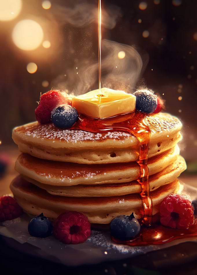 Buttery Pancakes with Syrup and Fruits