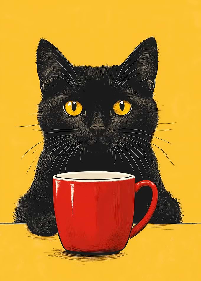 Black Cat with Coffee Mug