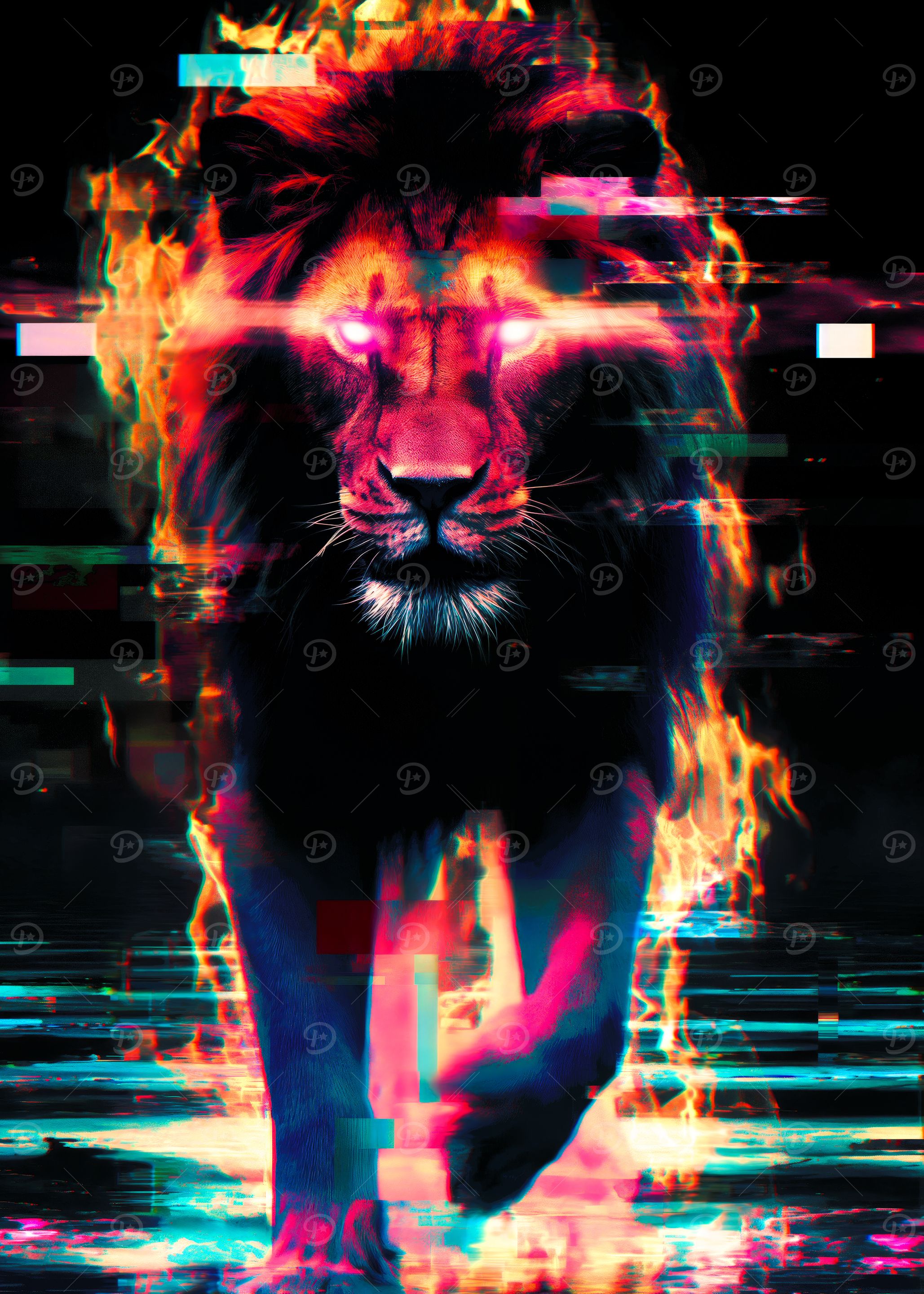 Fiery Lion Glitch Art