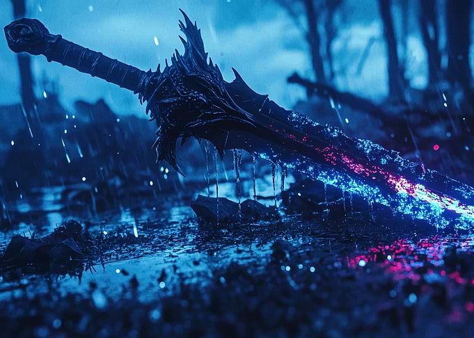 Glowing Sword in Rain