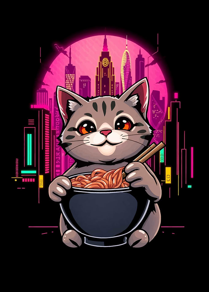Cat Eating Ramen in Neon City