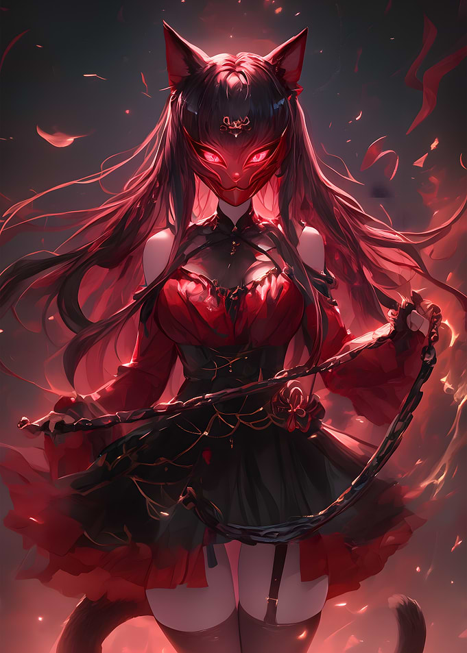 Red-Haired Anime Demon Girl with Mask