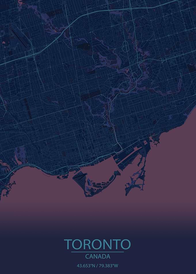 Toronto City Canada Blue and Purple City Map